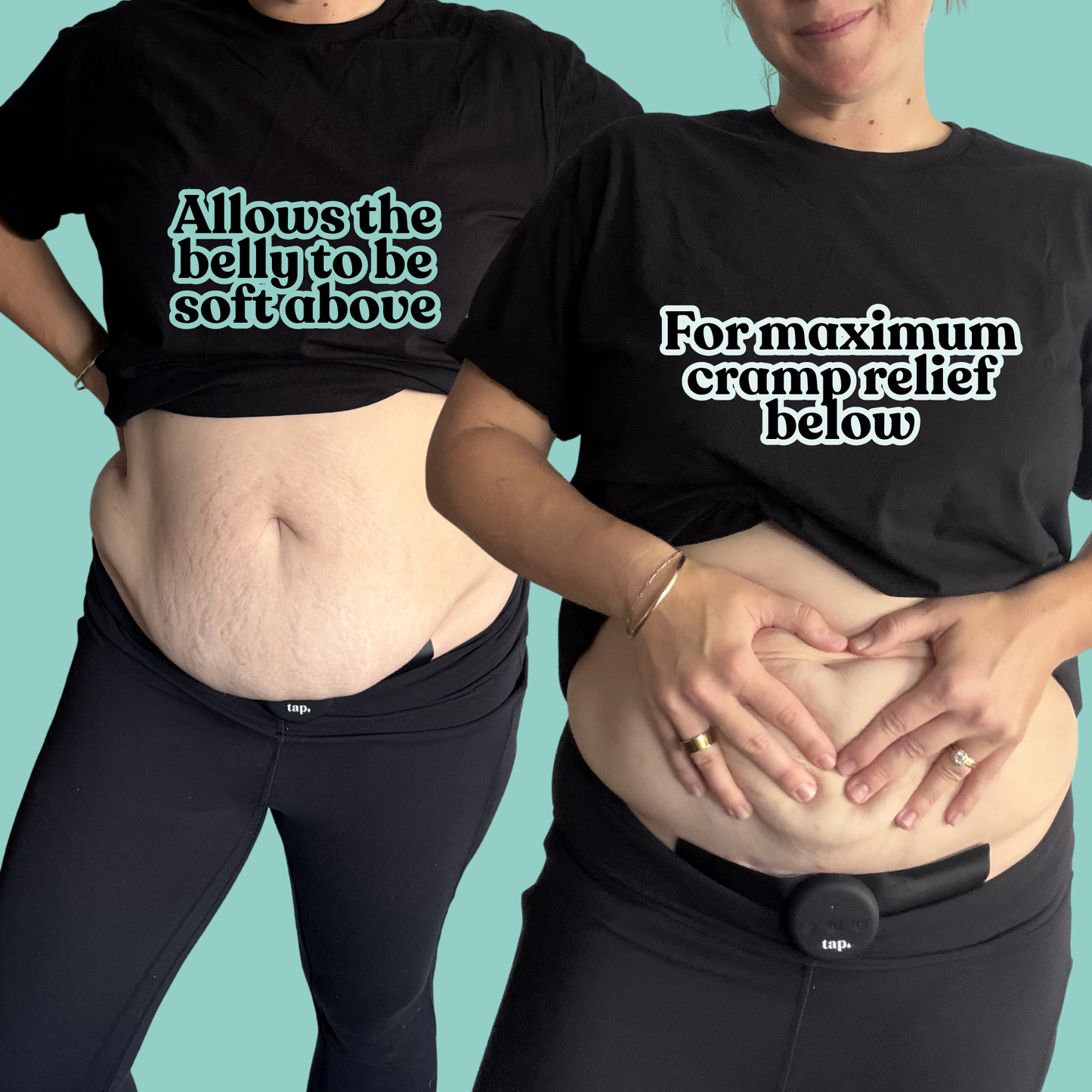 A woman with a soft naturally curvy tummy wearing a Curvy Tummy Pad showing the comfort and ease of this design for Tap 2.0 TENS.