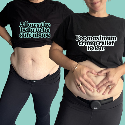 A woman with a soft naturally curvy tummy wearing a Curvy Tummy Pad showing the comfort and ease of this design for Tap 2.0 TENS. 