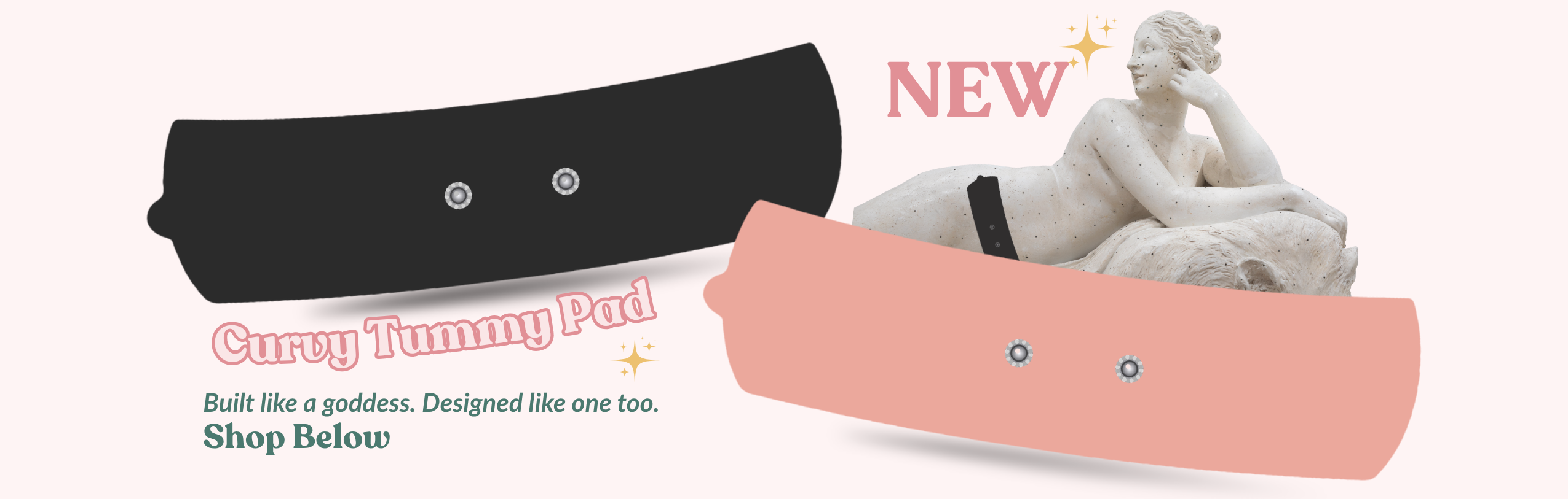Two Tap 2.0 TENS curvy tummy pad replacement electrodes displayed with a goddess wearing the electrode.