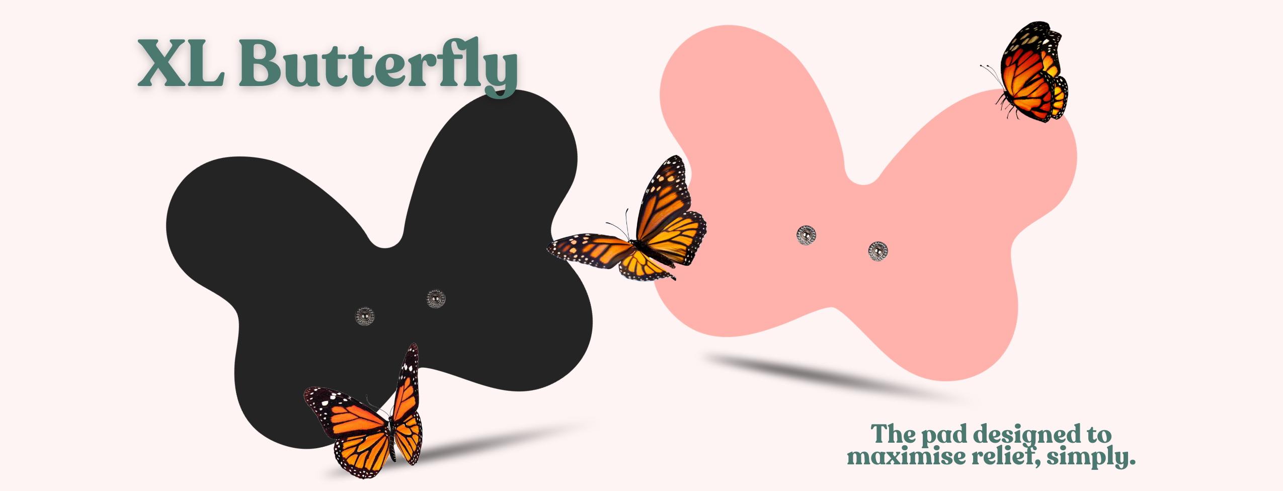 Tap 2.0 TENS XL Butterfly Replacement Pad featured in pink and black with monarch butterflies surrounding it. 